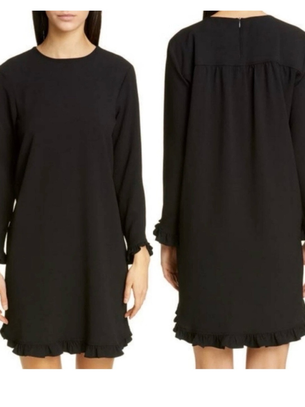 GANNI Clark Ruffle Trim Crepe
Long Sleeve Mini Shift Dress Black